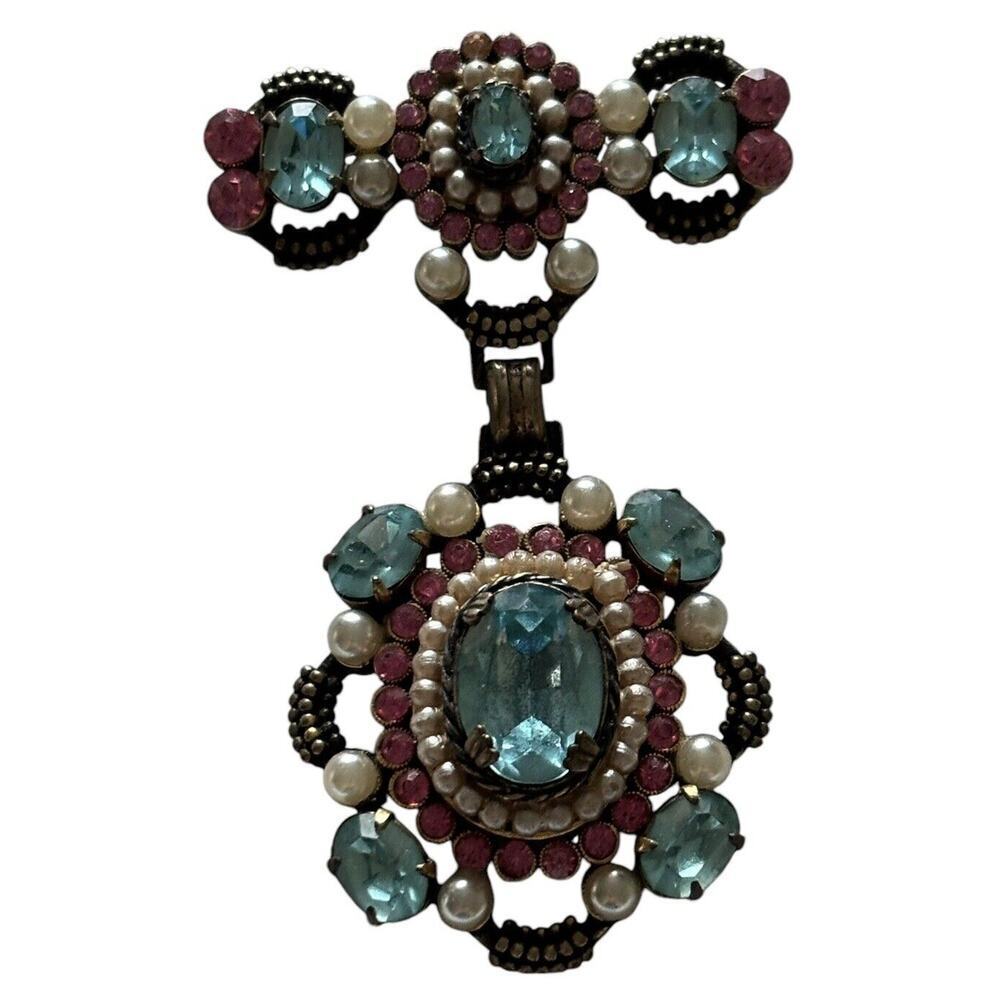 Unsigned Hollycraft Pink Blue Crystals Faux Pearls Gold Tone Dangle Brooch